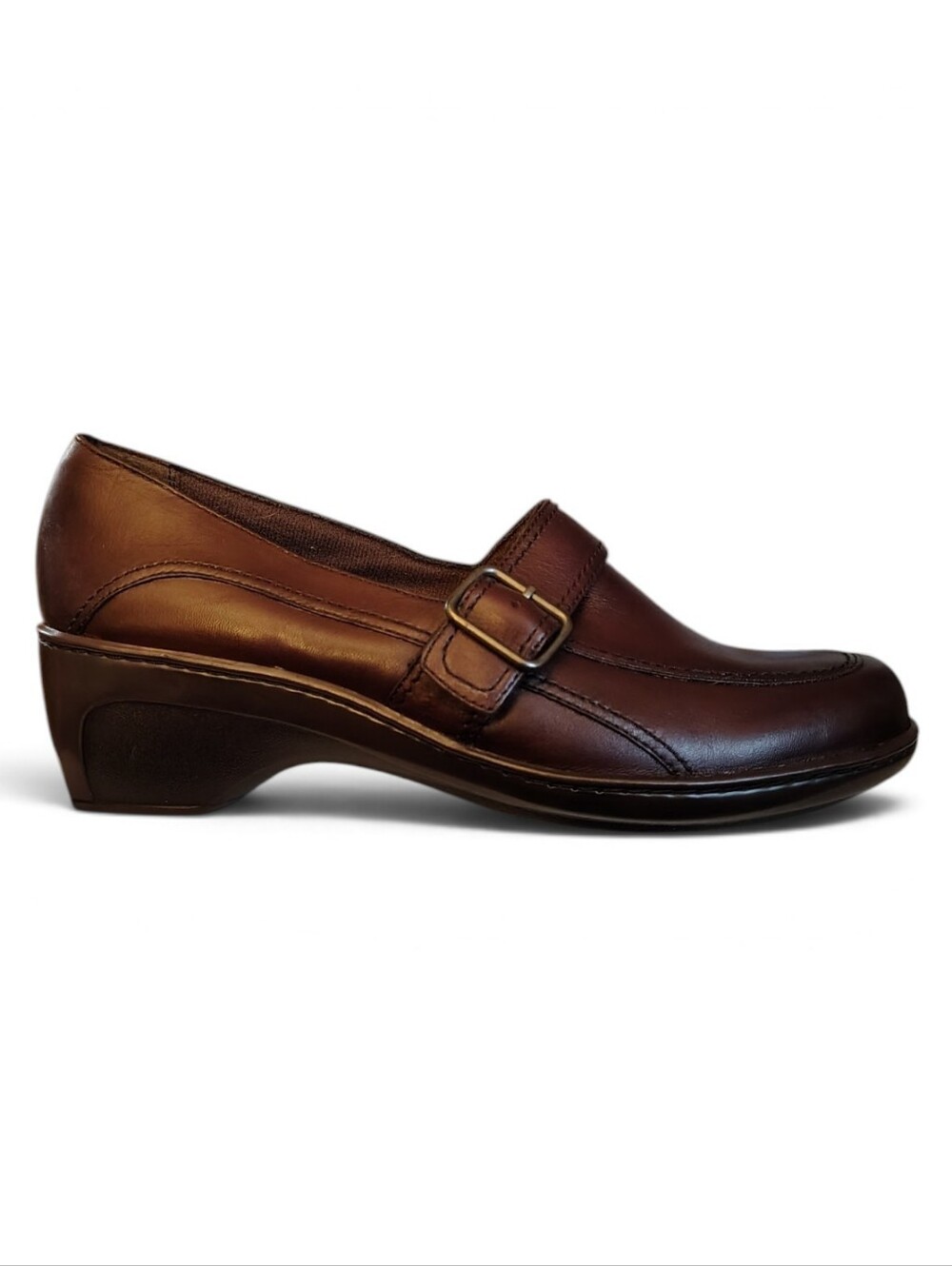 Clarks Womens Square Toe Block Heel Slip On Loafer Chocolate Brown Leather Sz 10